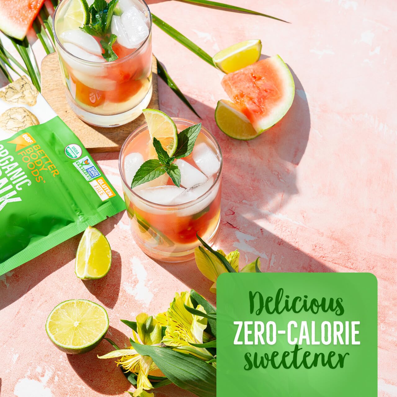 BetterBody Foods monk fruit sweetener in tea glass for versatile beverage sweetness
