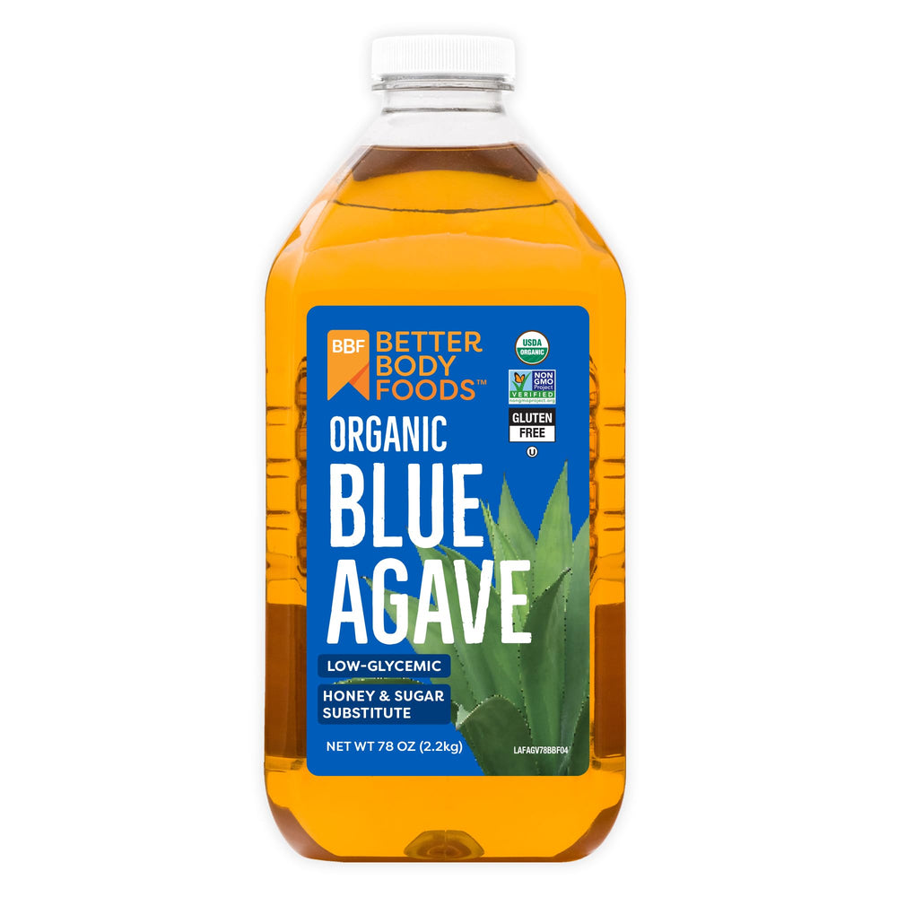 BetterBody Foods Organic Blue Agave Nectar bottle, versatile sweetener for coffee and tea.