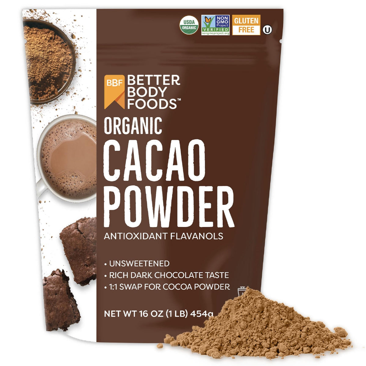 BetterBody Foods Organic Cacao Powder bag showcasing pure cacao for versatile baking