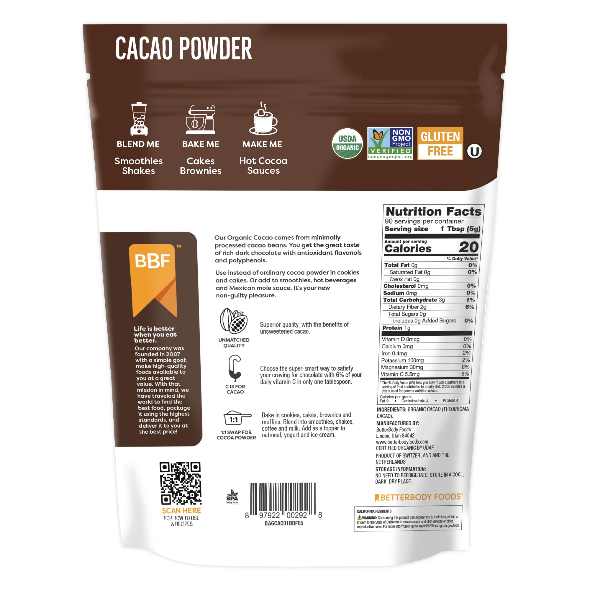 BetterBody Foods Organic Cacao Powder pancakes plate