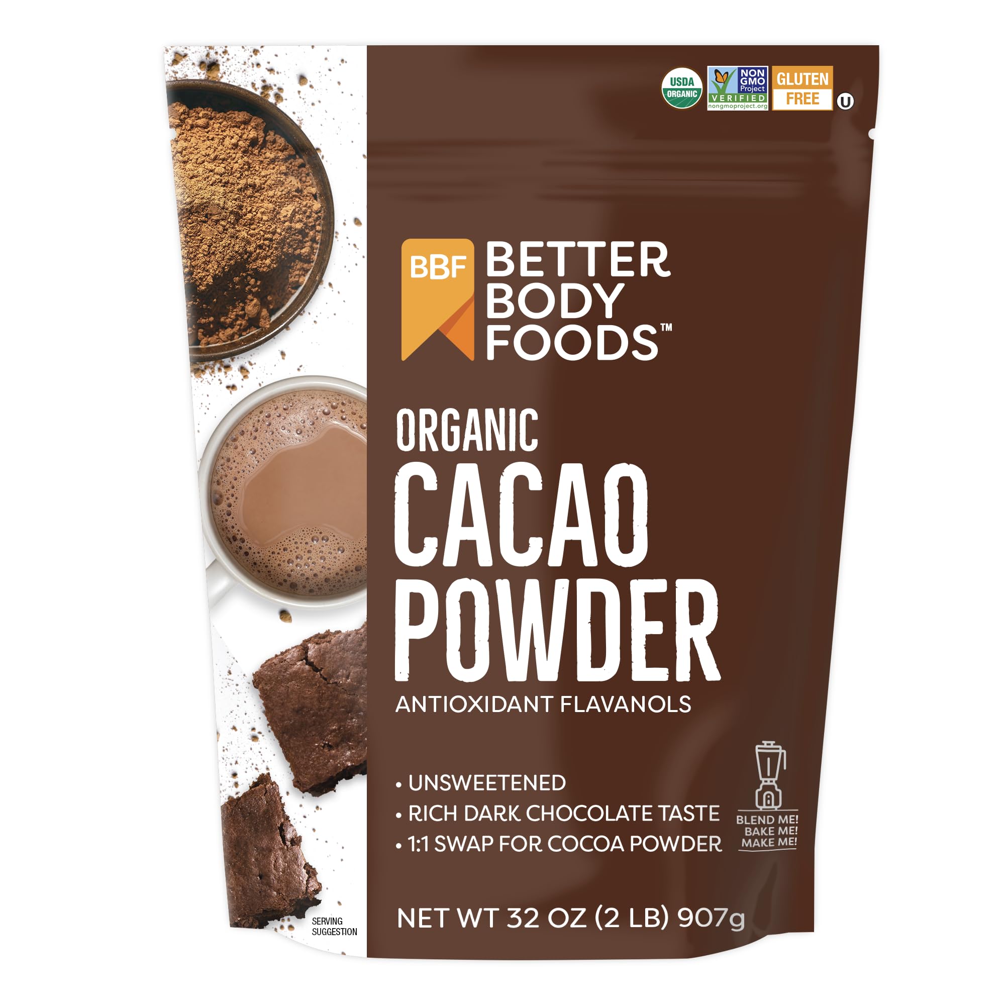 BetterBody Foods Organic Cacao Powder unsweetened in a bag for smoothies and baking