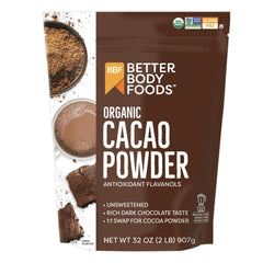 BetterBody Foods Organic Cacao Powder unsweetened in a bag for smoothies and baking