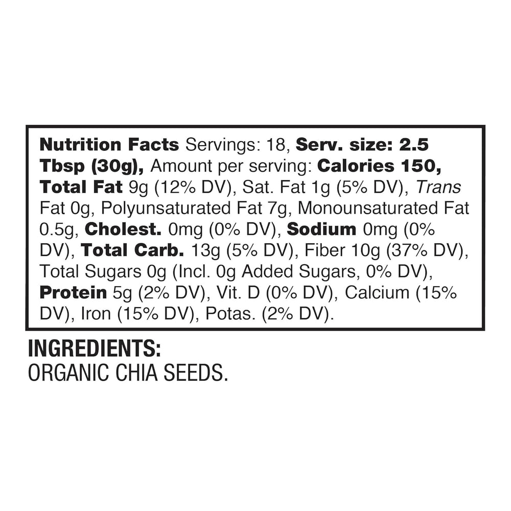 Close-up of BetterBody Foods chia seeds ideal for smoothies and cereals.