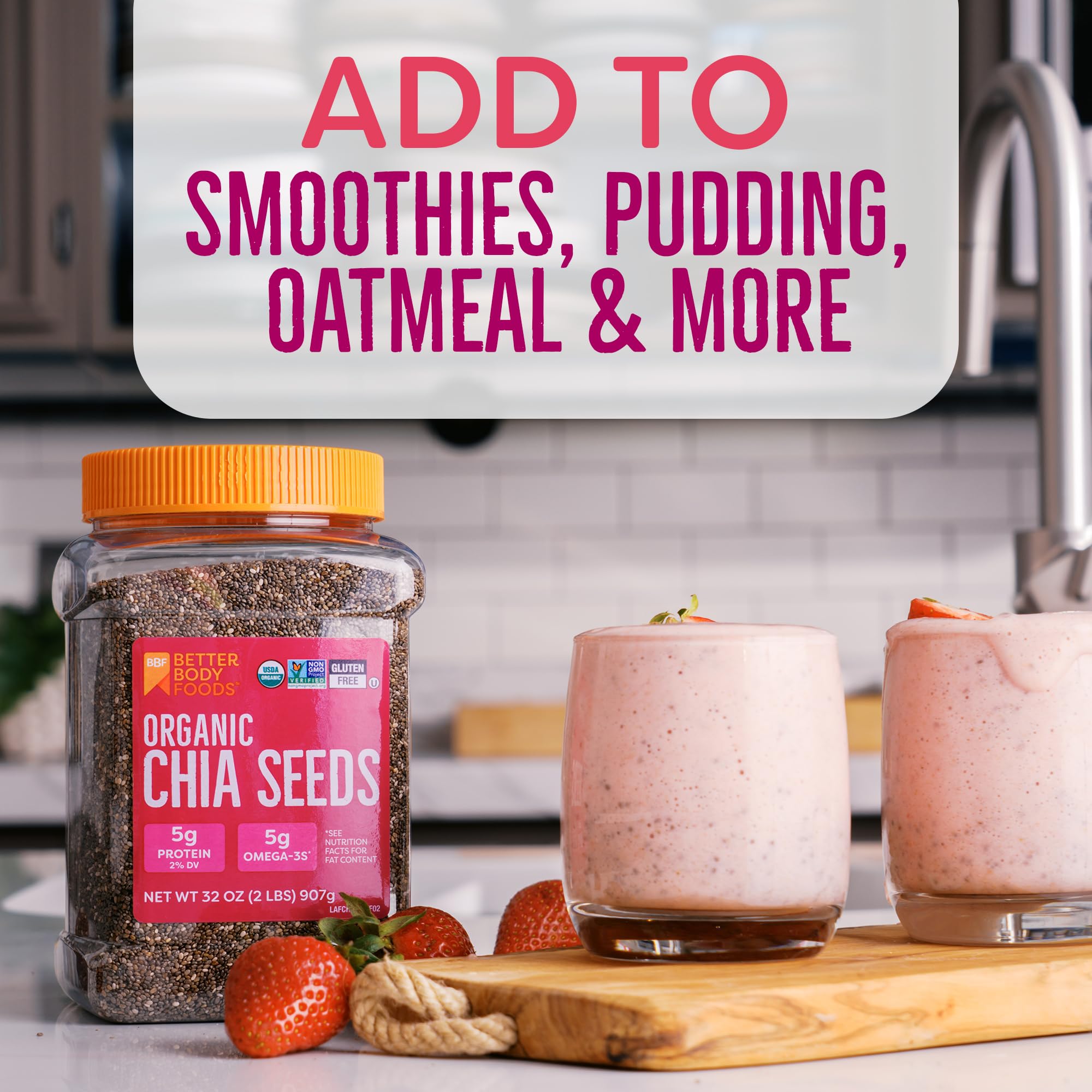 BetterBody Foods Organic Chia Seeds packaging label for on-the-go nutrition