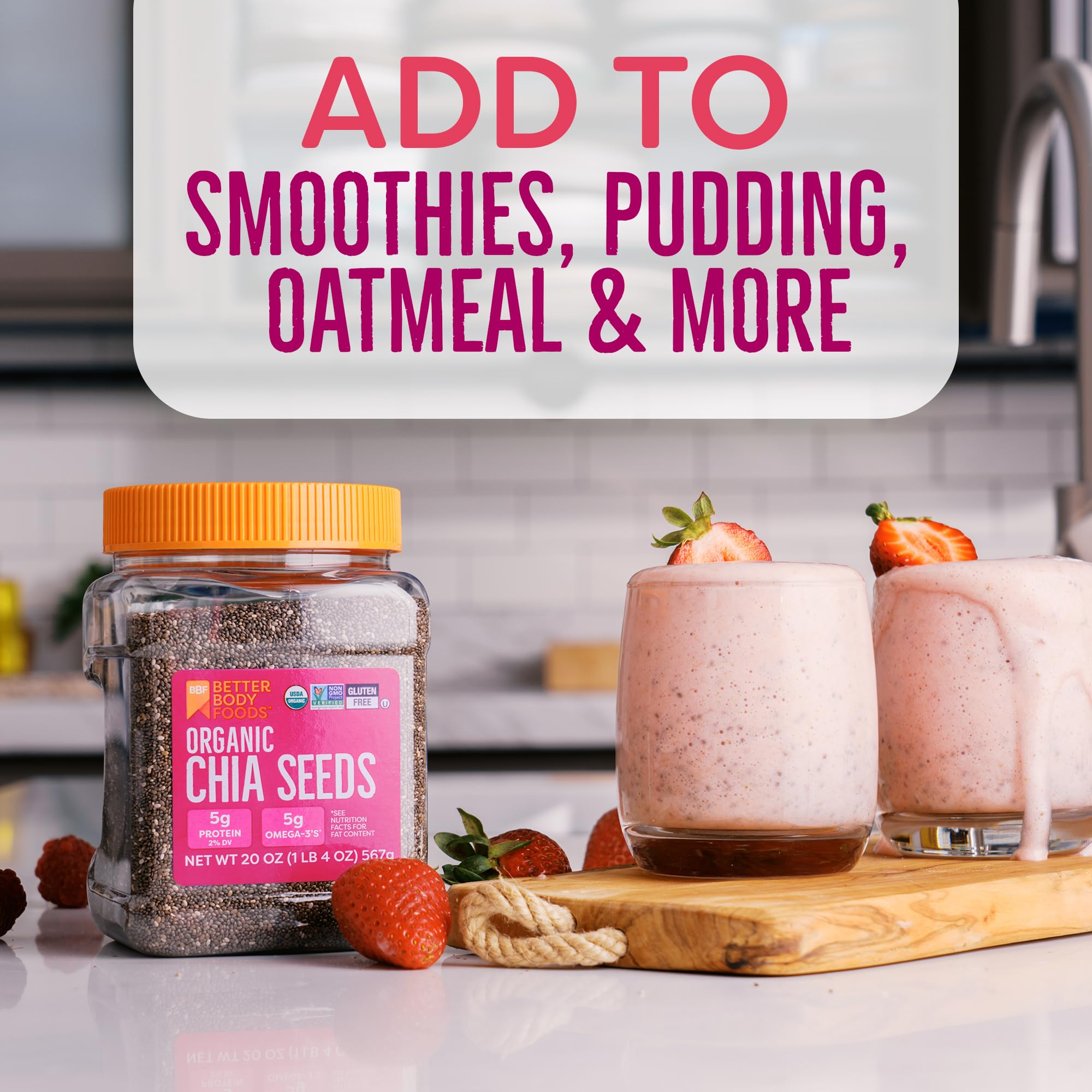 BetterBody chia seeds sprinkled on yogurt for fiber-rich crunch.