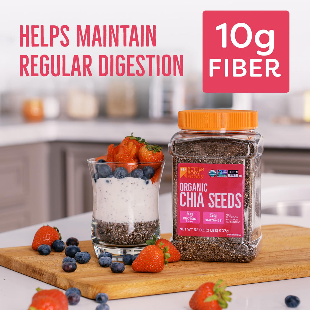 BetterBody Foods Organic Chia Seeds yogurt topping providing a fiber boost