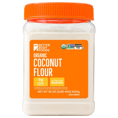 BetterBody Foods Organic Coconut Flour jar label for gluten-free baking and fiber-rich recipes