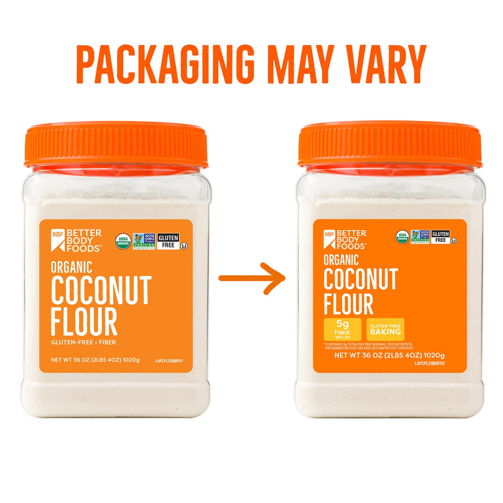 BetterBody Foods Organic Coconut Flour texture close-up shows light, fine powder for moist batters
