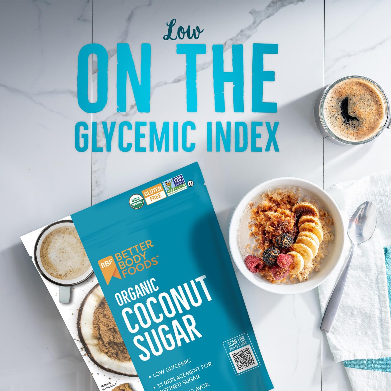 BetterBody Foods Organic Coconut Sugar baking setup, versatile for cookies, cakes, and pancakes.