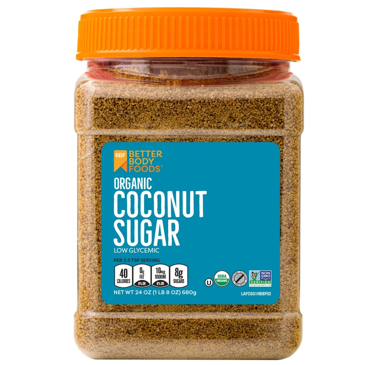 BetterBody Foods Organic Coconut Sugar bottle pour for beverages and baking.