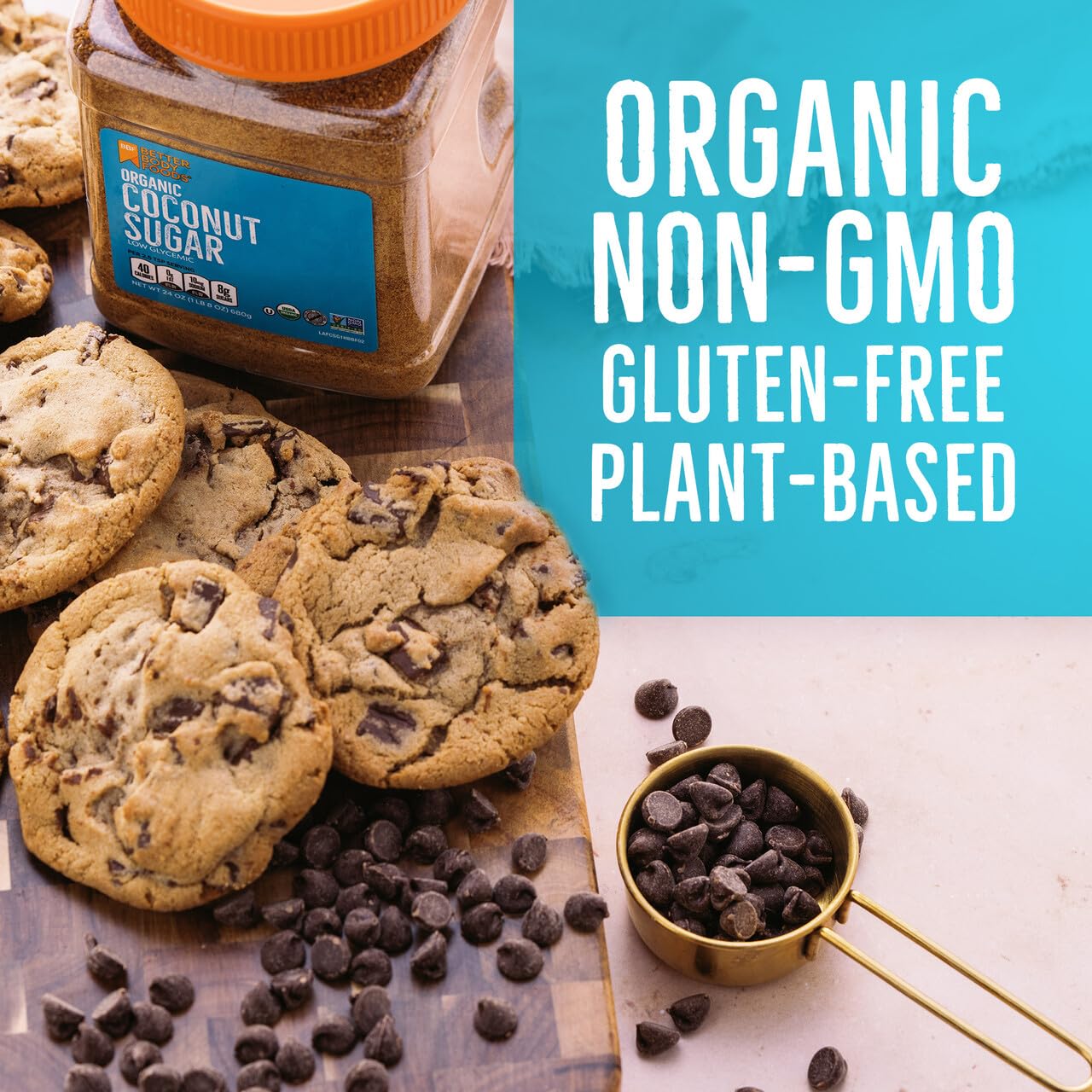 BetterBody Foods Organic Coconut Sugar on spoon adds subtle caramel sweetness.