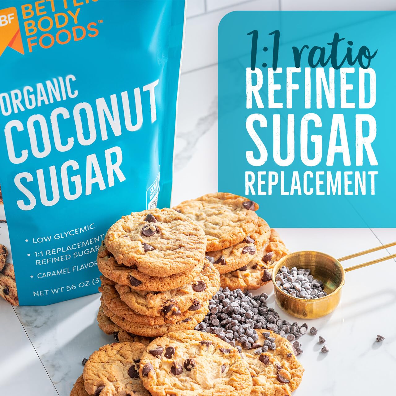 BetterBody Foods Organic Coconut Sugar golden brown hue, natural sweetness for coffee and oatmeal.