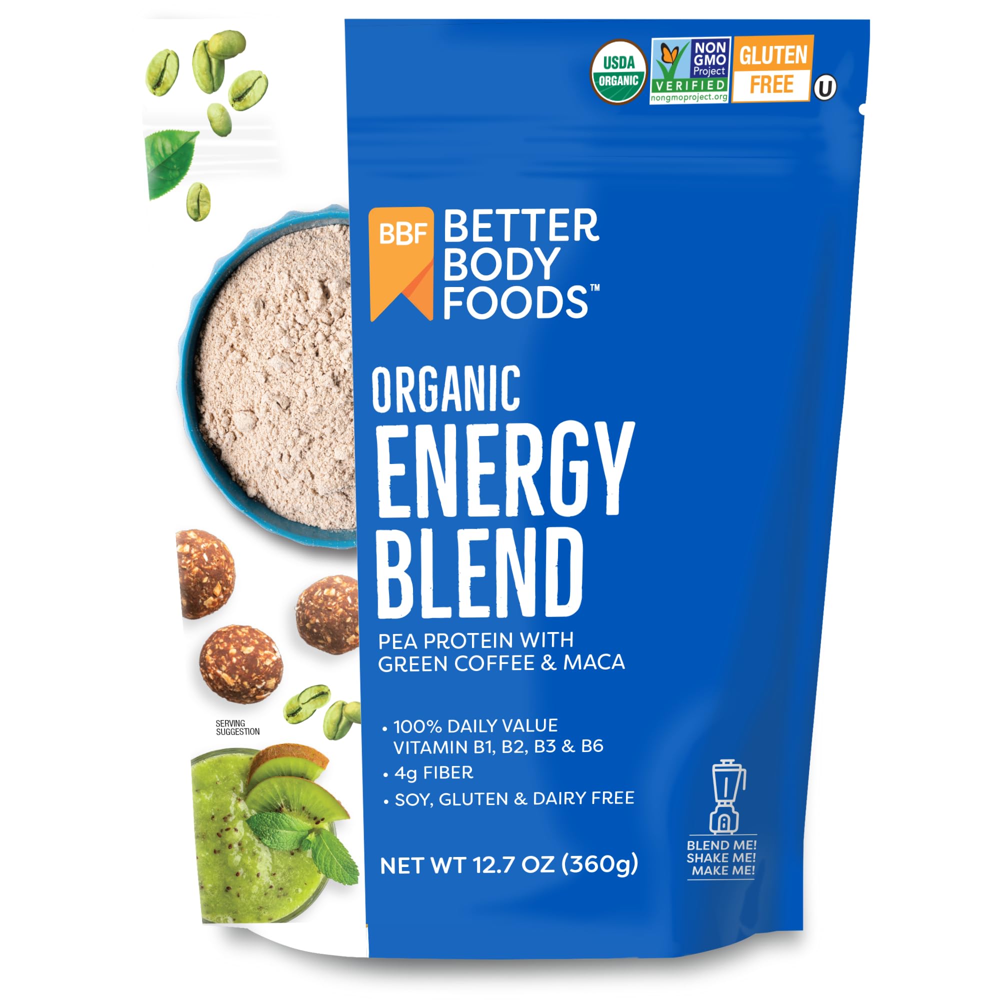 BetterBody Foods Organic Energy Blend packaging on a pantry shelf for daily energy.