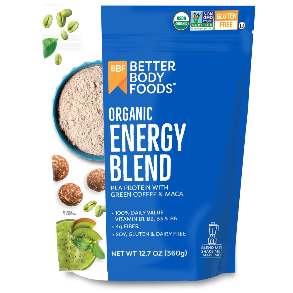 BetterBody Foods Organic Energy Blend packaging on a pantry shelf for daily energy.