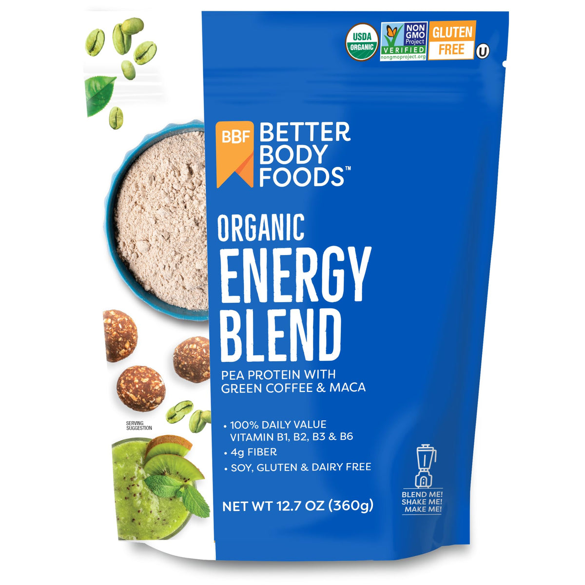 BetterBody Foods Organic Energy Blend packaging on a pantry shelf for daily energy.