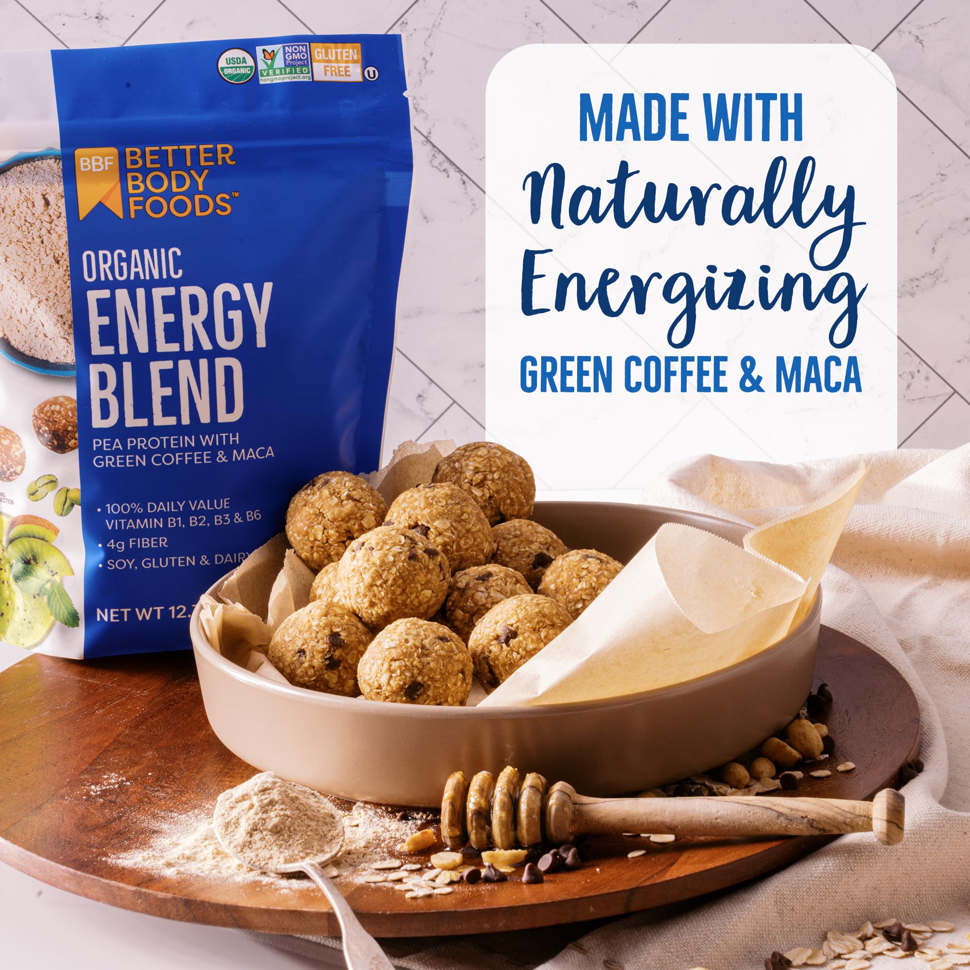 BetterBody Foods Organic Energy Blend vegan protein powder featuring pea protein texture.