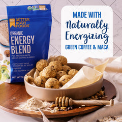 BetterBody Foods Organic Energy Blend vegan protein powder featuring pea protein texture.
