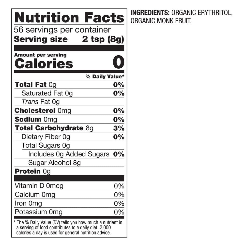 BetterBody Foods organic monk fruit sweetener bag highlights organic ingredients for baking