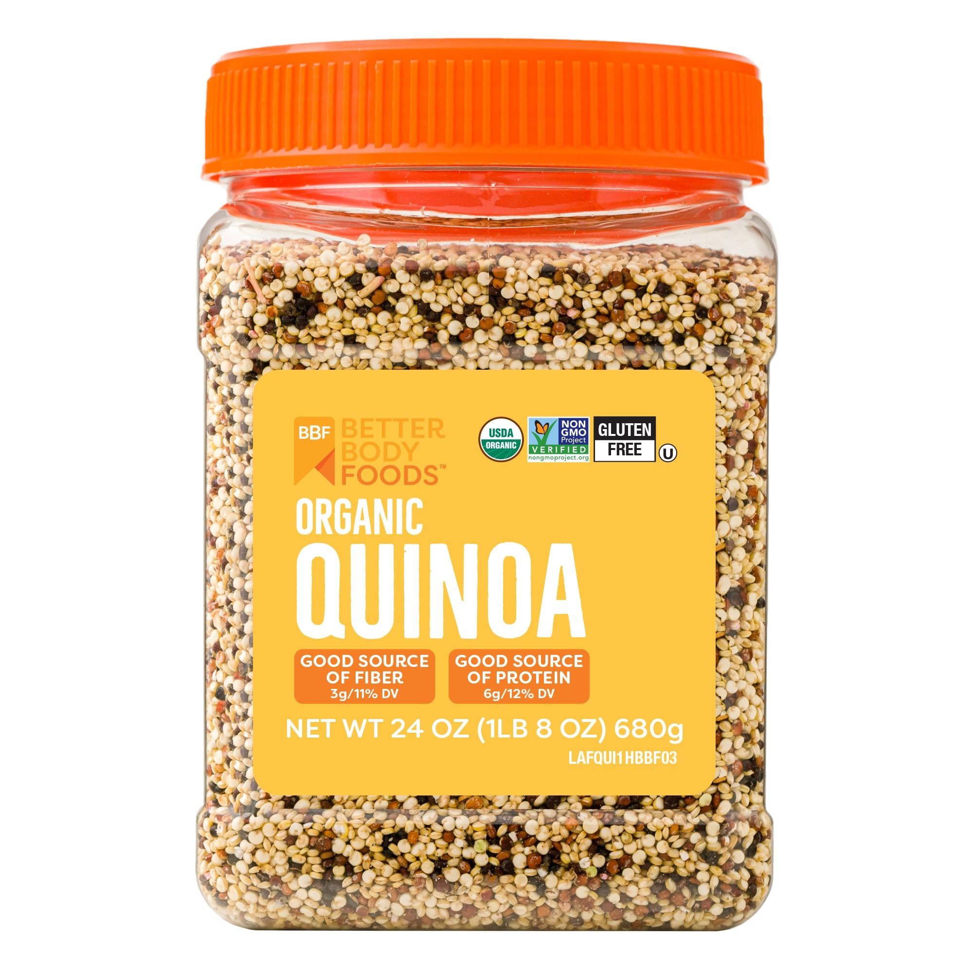 BetterBody Foods Organic Quinoa bag front, gluten-free and vegan pantry staple.