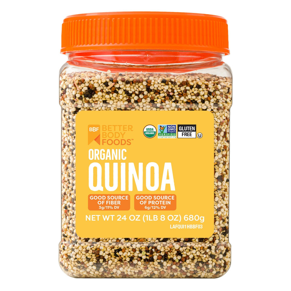 BetterBody Foods Organic Quinoa bag front, gluten-free and vegan pantry staple.