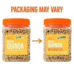 Close-up of quinoa grains highlighting colorful mix and protein content.