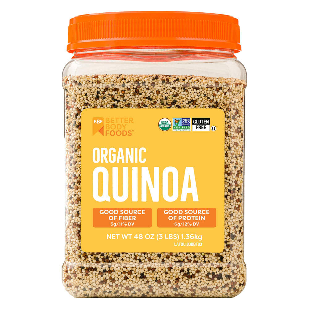 BetterBody Foods Organic Quinoa package on counter, gluten-free pantry staple.