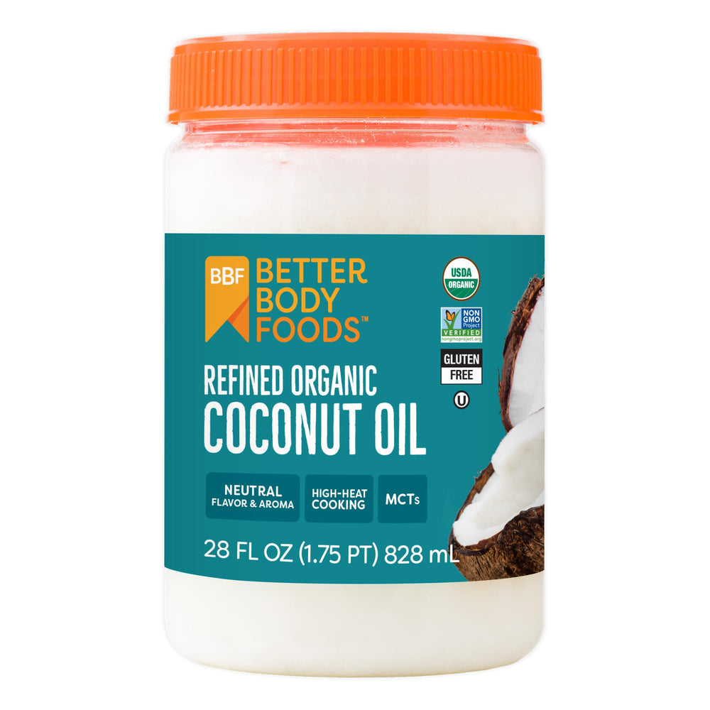 BetterBody Foods Organic Refined Coconut Oil bottle for versatile cooking and baking.