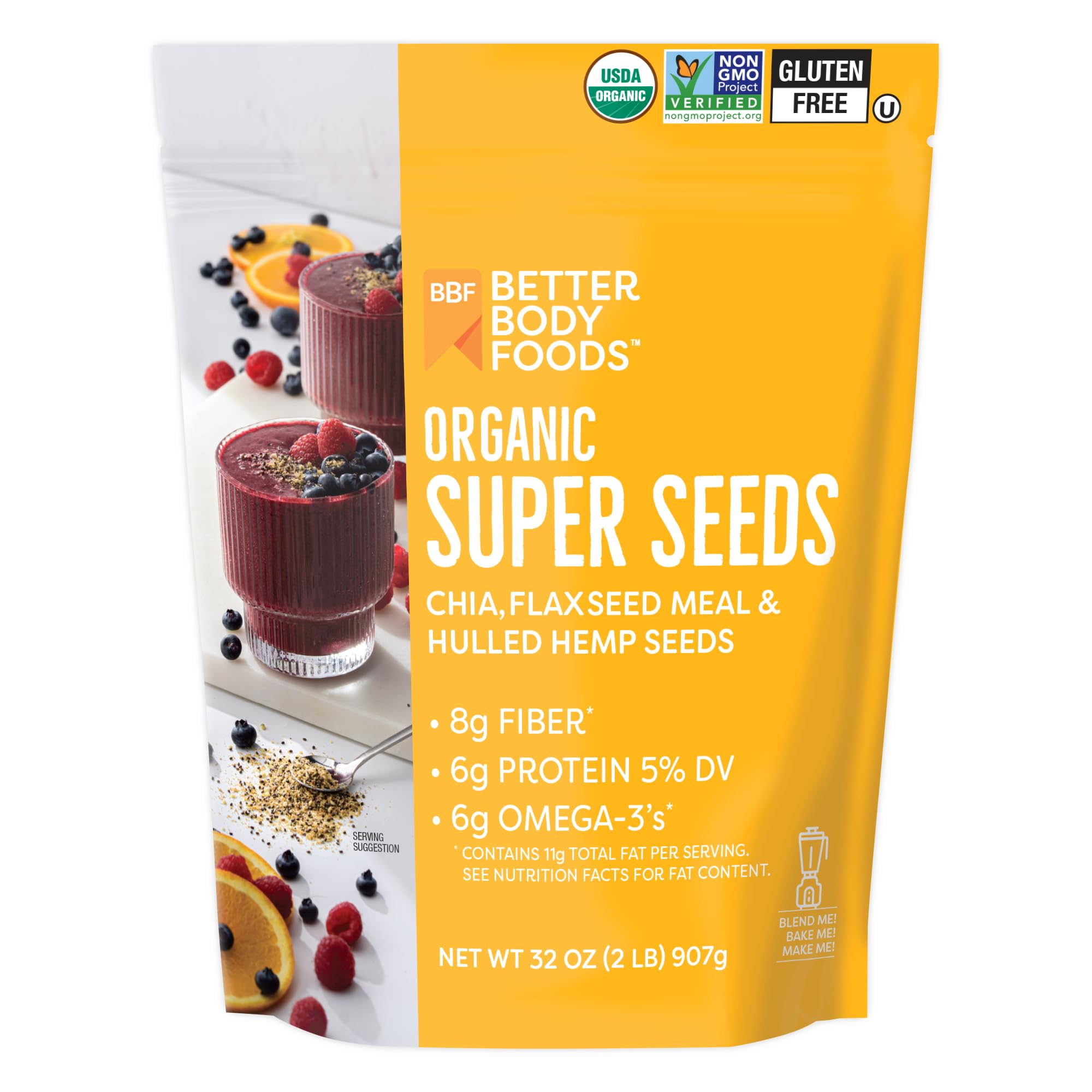 BetterBody Foods Organic Super Seeds chia close-up for fiber and omega-3 boosts in smoothies