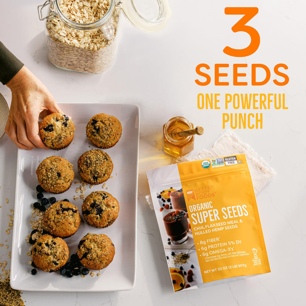 BetterBody Foods Organic Super Seeds hemp close-up, ideal EFAs for yogurt bowls