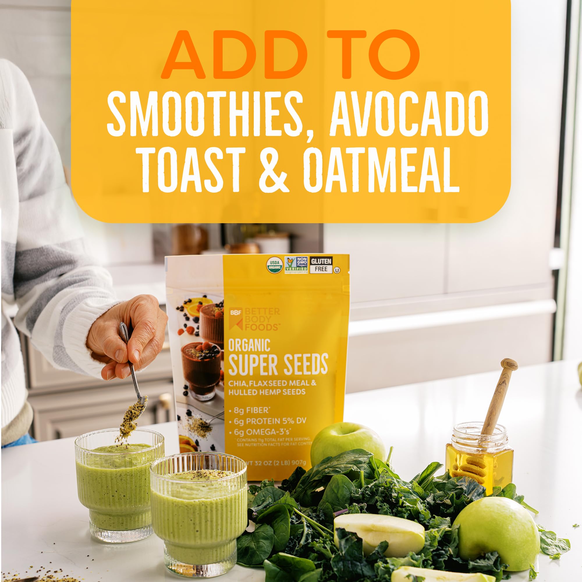 BetterBody Foods Organic Super Seeds pouring into smoothie, omega-3 boost in every sip