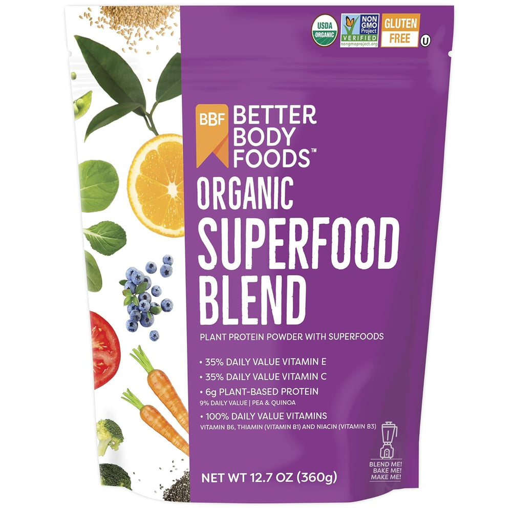 BetterBody Foods Organic Superfood Powder bottle offers a convenient nutrition boost.