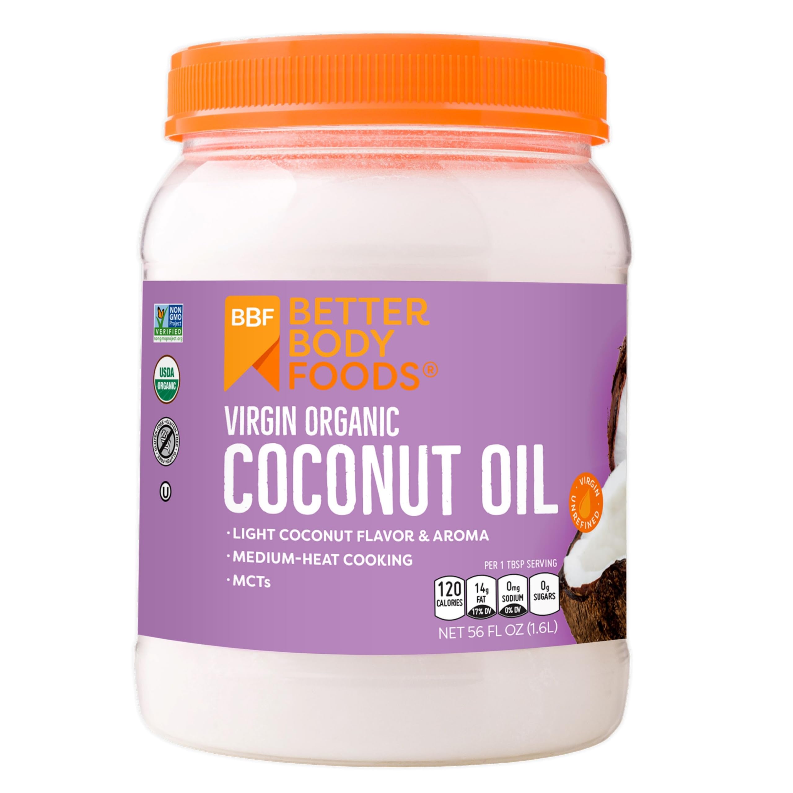 BetterBody Foods organic unrefined coconut oil bottle for cooking and skincare.