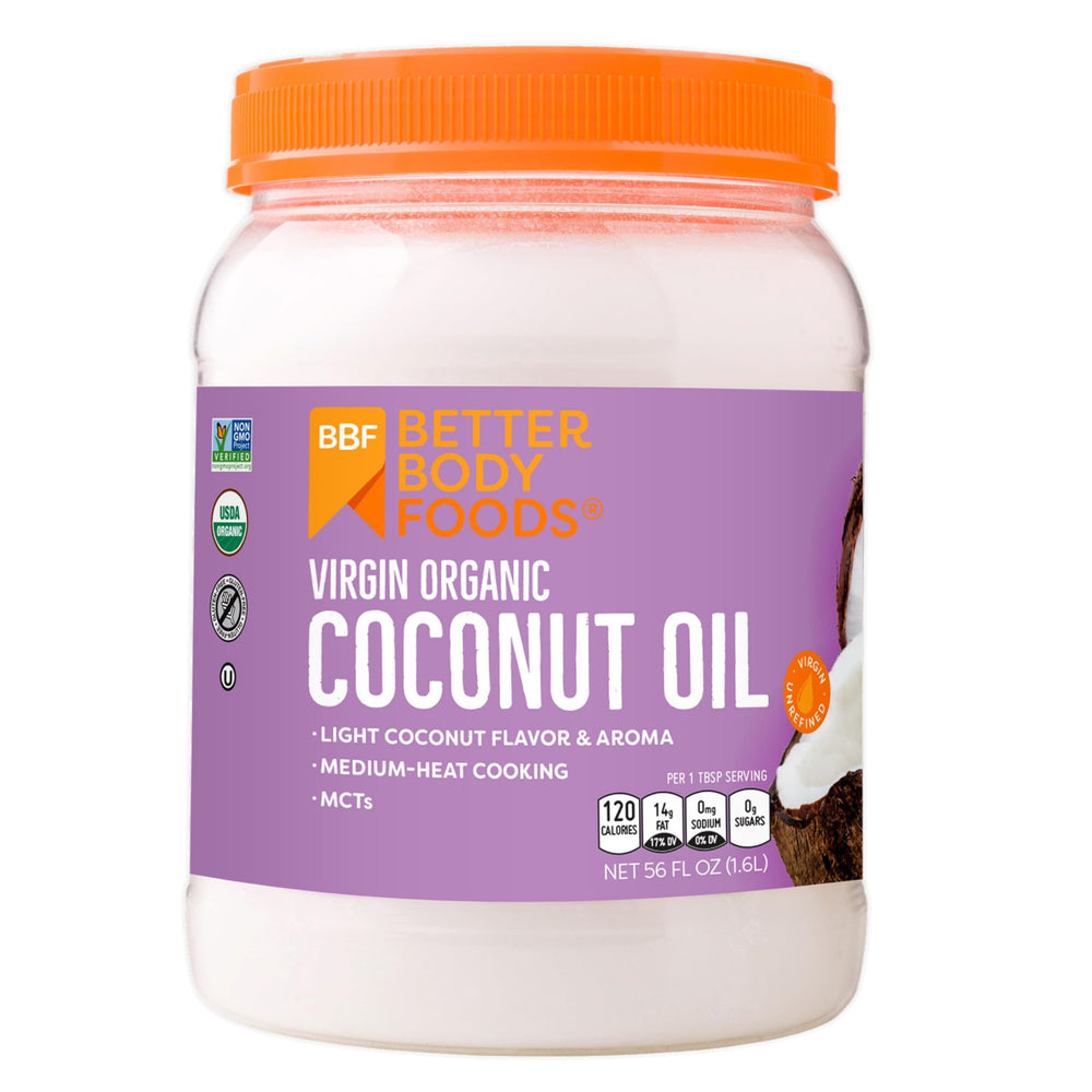 BetterBody Foods organic unrefined coconut oil bottle for cooking and skincare.