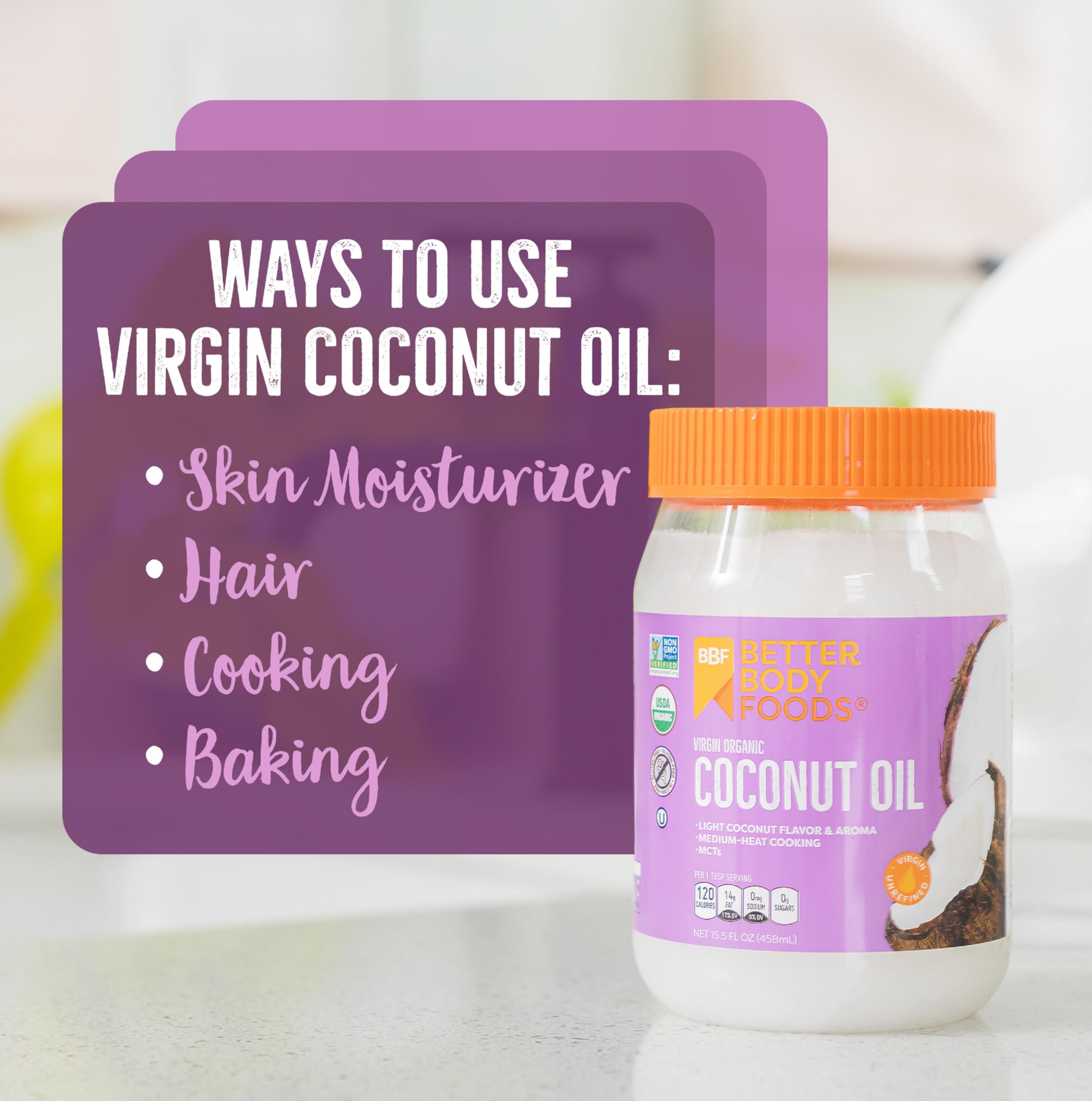 BetterBody Foods coconut oil solid-state illustrates room-temperature melting behavior.