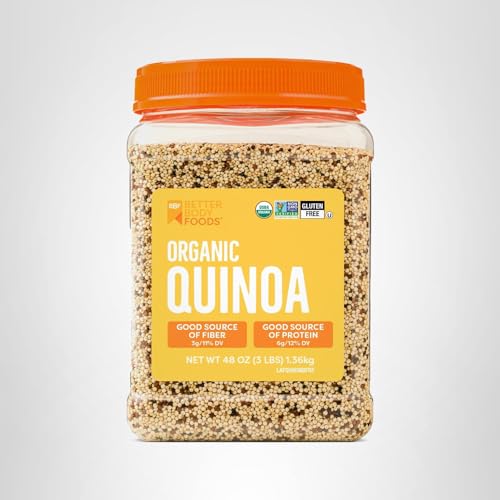 Storage jar of BetterBody Foods quinoa in pantry with other grains.
