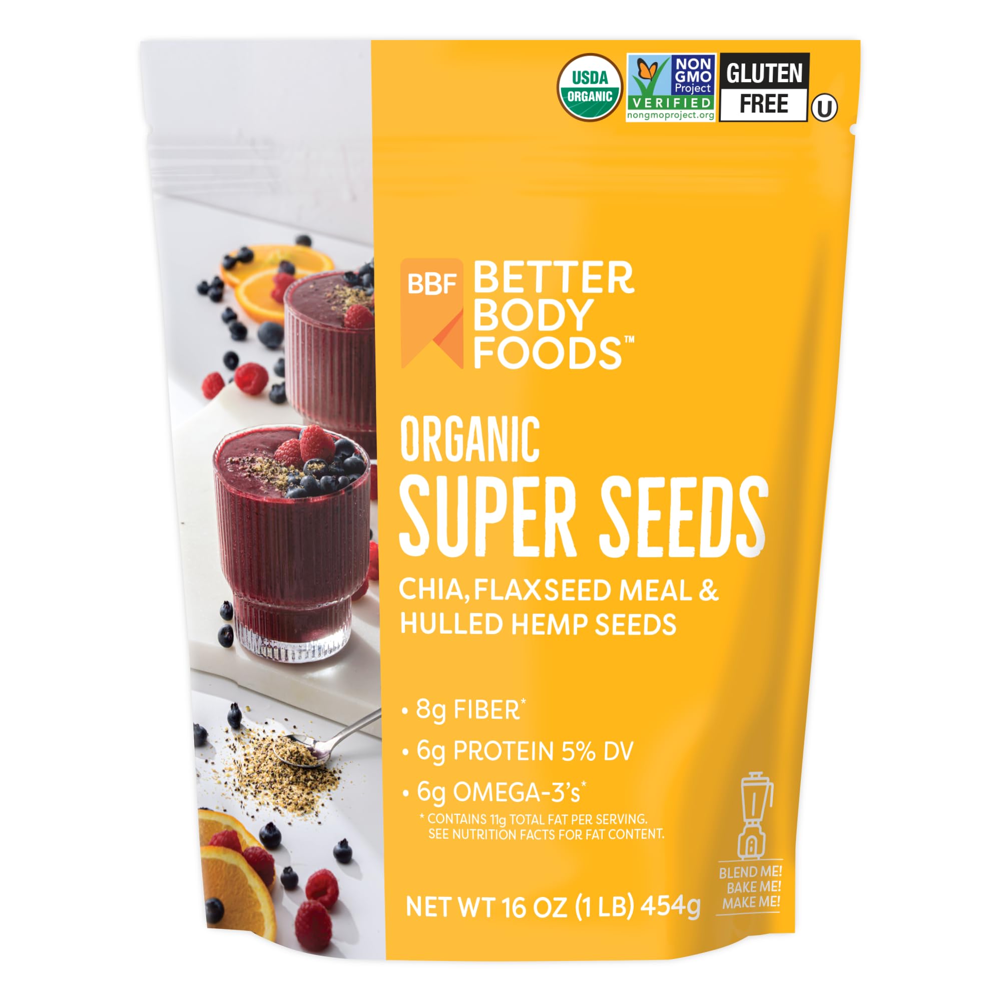 BetterBody Foods Super Seeds bag close-up showing a fiber-rich blend.