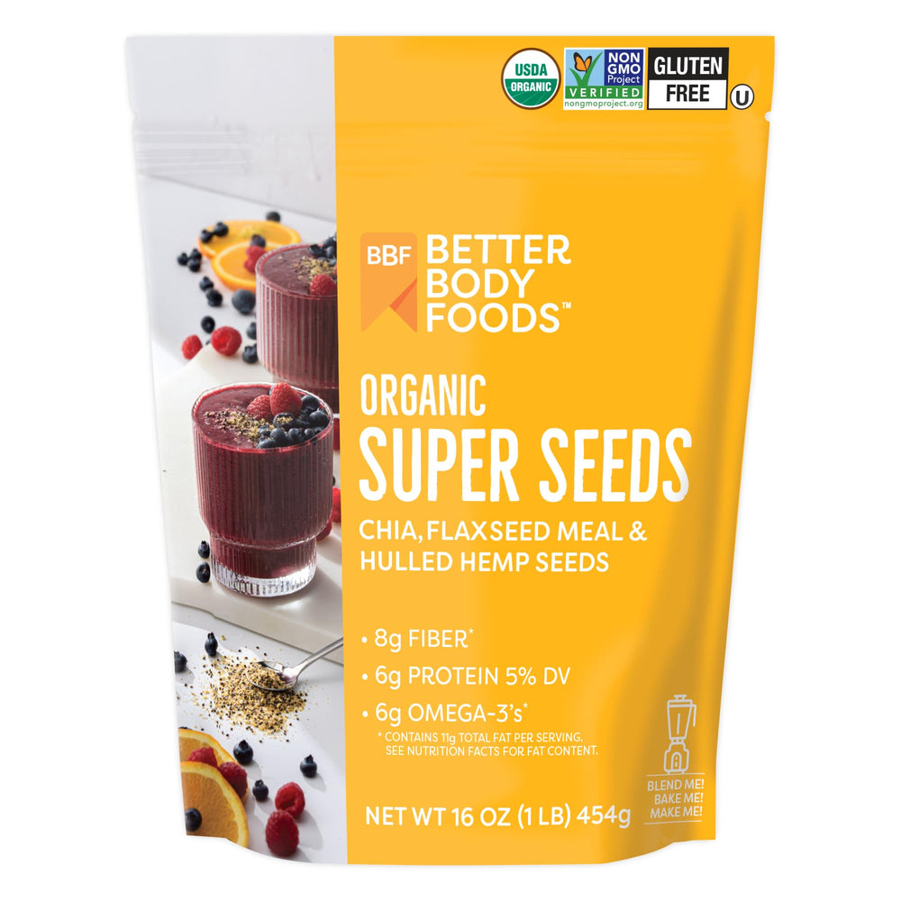 BetterBody Foods Super Seeds bag close-up showing a fiber-rich blend.