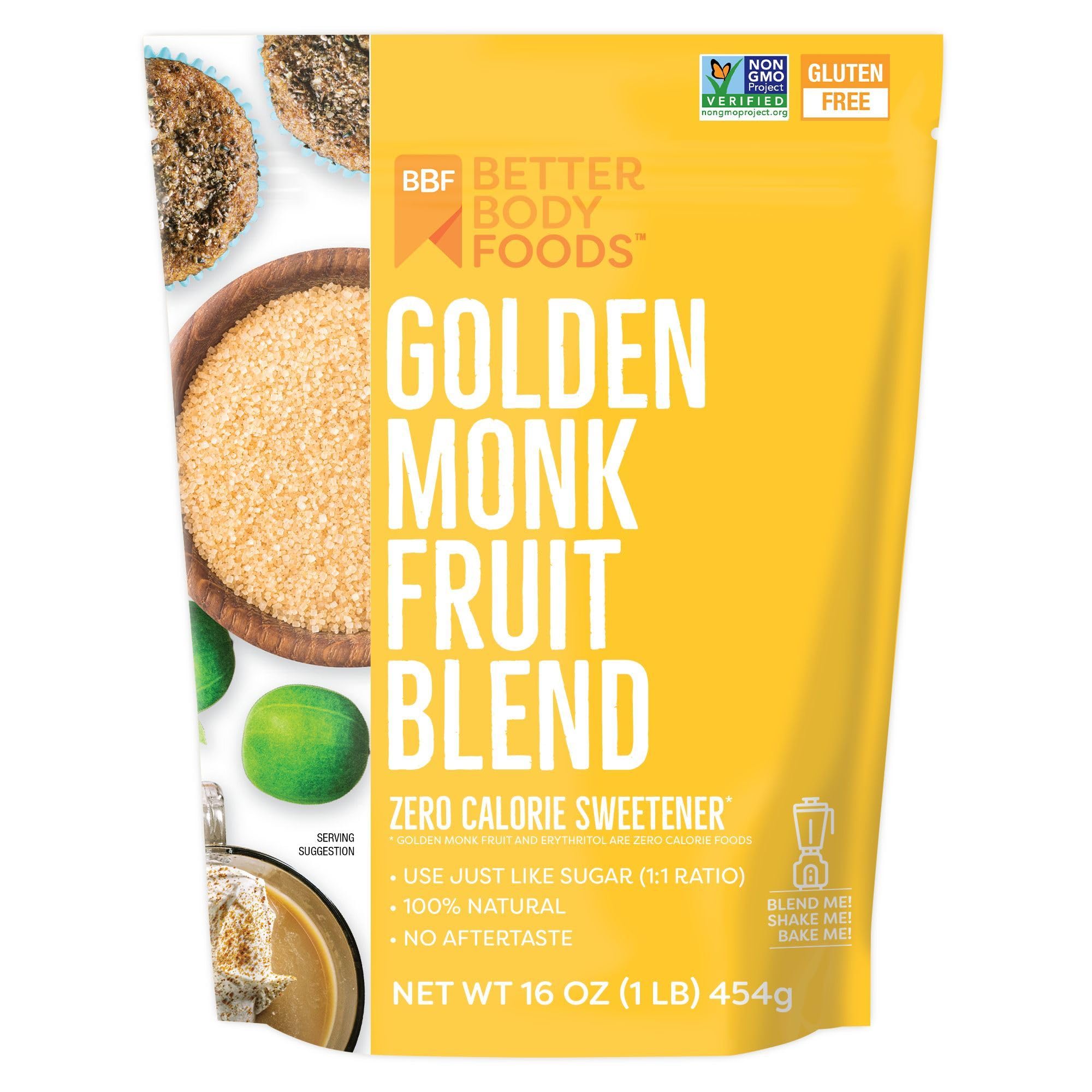 BetterBody Foods Golden Monk Fruit Sweetener bottle adds zero-calorie sweetness to coffee