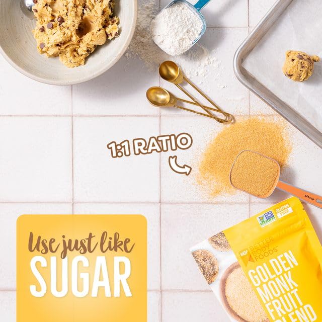 BetterBody Foods Golden Monk Fruit Sweetener being poured over oats for a sugar-free boost