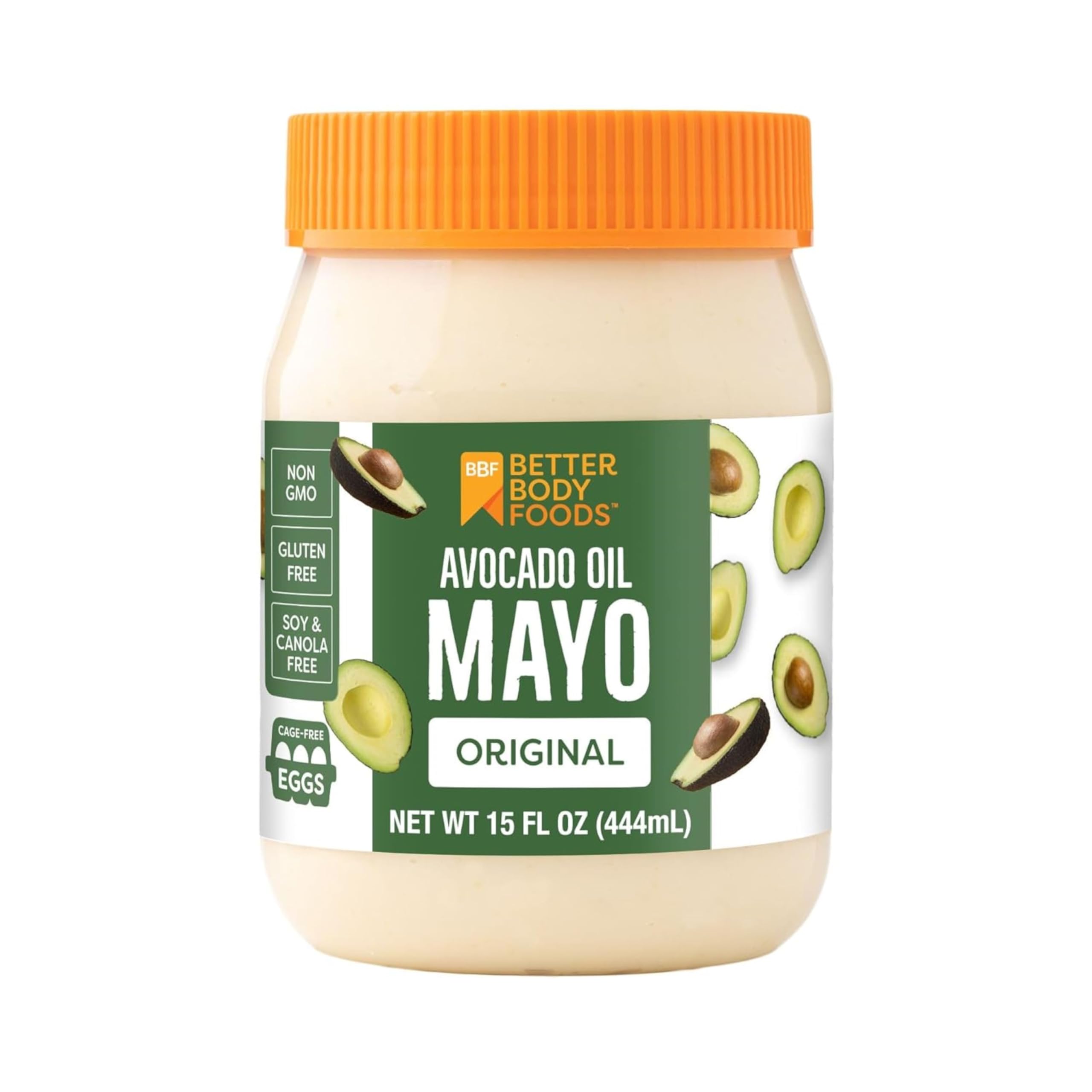 BetterBody Foods Avocado Oil Mayonnaise bottle shows creamy texture for versatile meals.