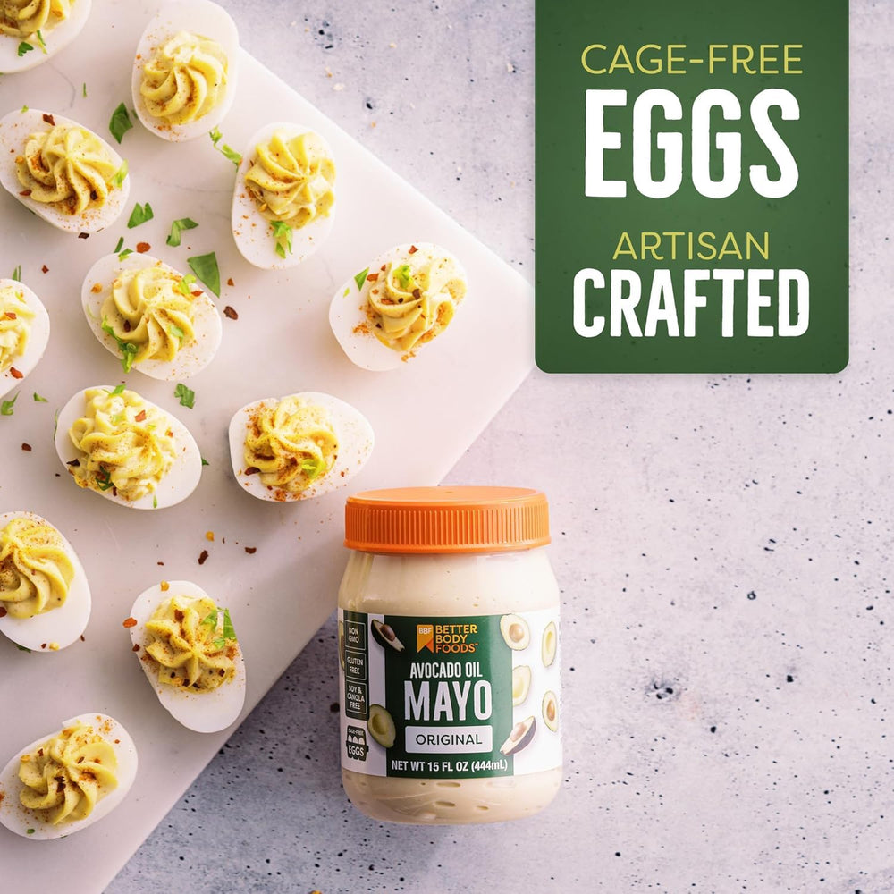 BetterBody Foods Avocado Oil Mayonnaise drizzle over a burger patty for added moisture.