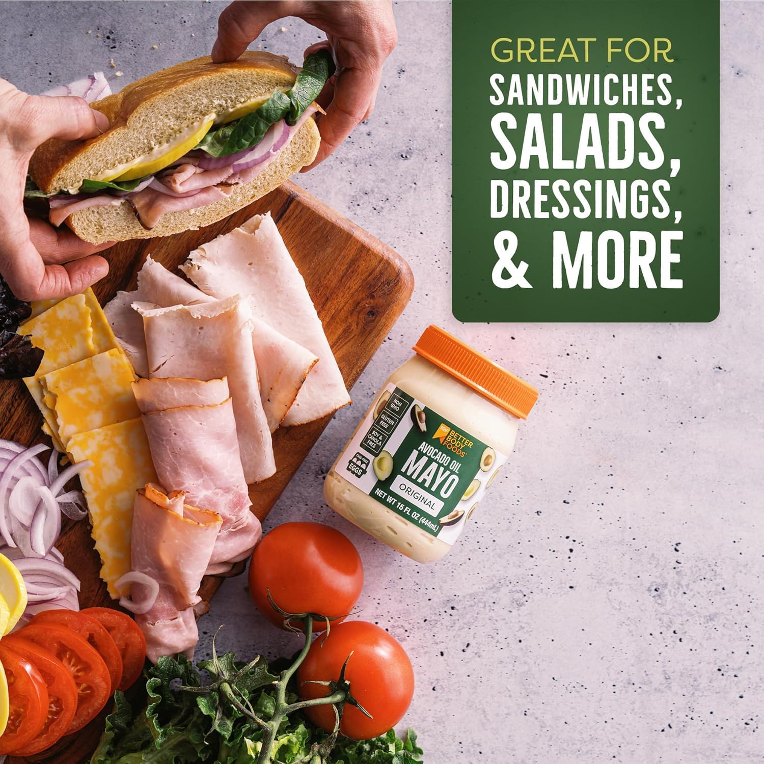 BetterBody Foods Avocado Oil Mayonnaise dressing on greens for a smooth, flavorful finish.