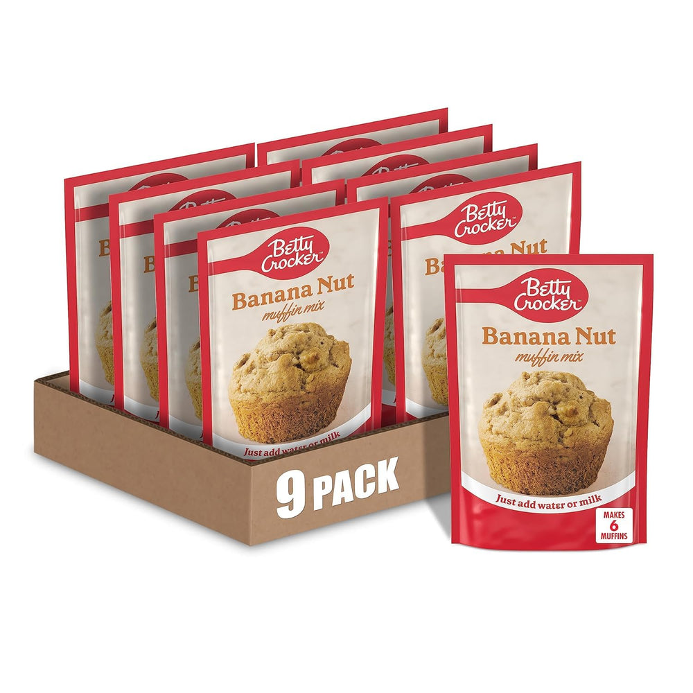 Betty Crocker Banana Nut Muffin Mix package showing walnuts for quick breakfast