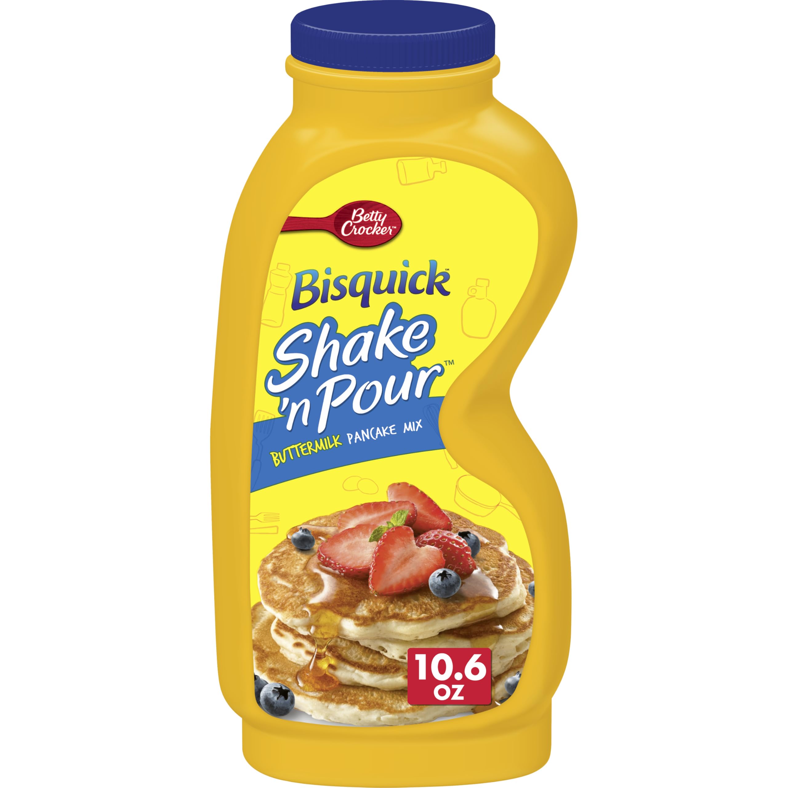 Betty Crocker Bisquick Shake 'n Pour batter being poured for quick, fluffy pancakes.