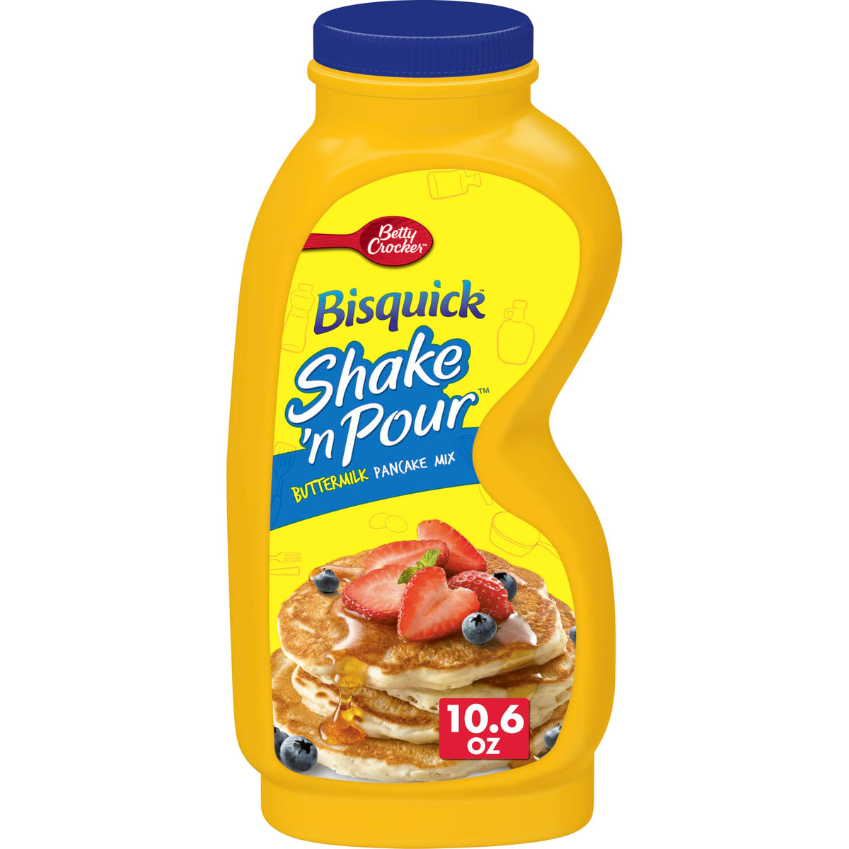 Betty Crocker Bisquick Shake 'n Pour batter being poured for quick, fluffy pancakes.
