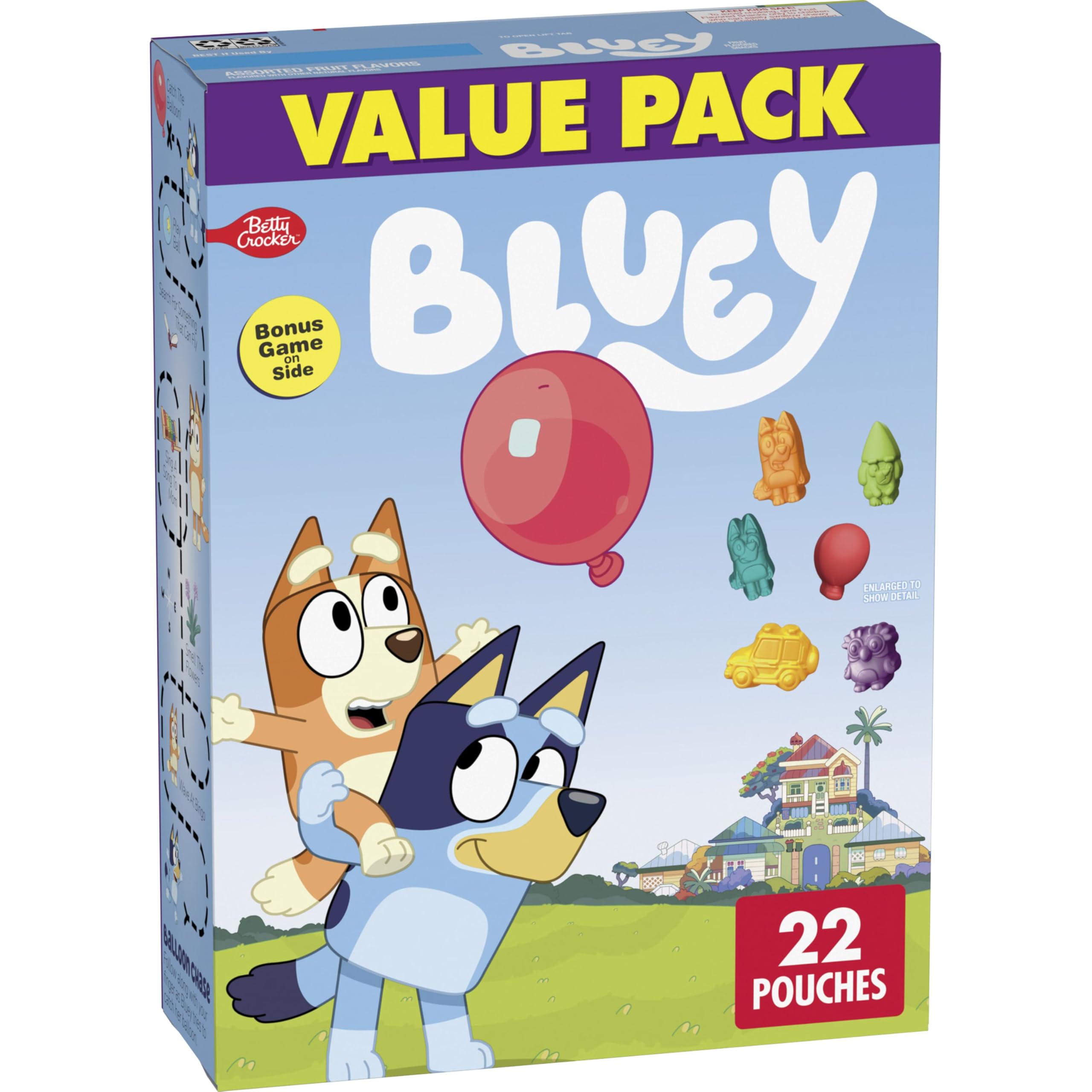 Betty Crocker Bluey Fruit Flavored Snacks packaging shows a value pack for families.