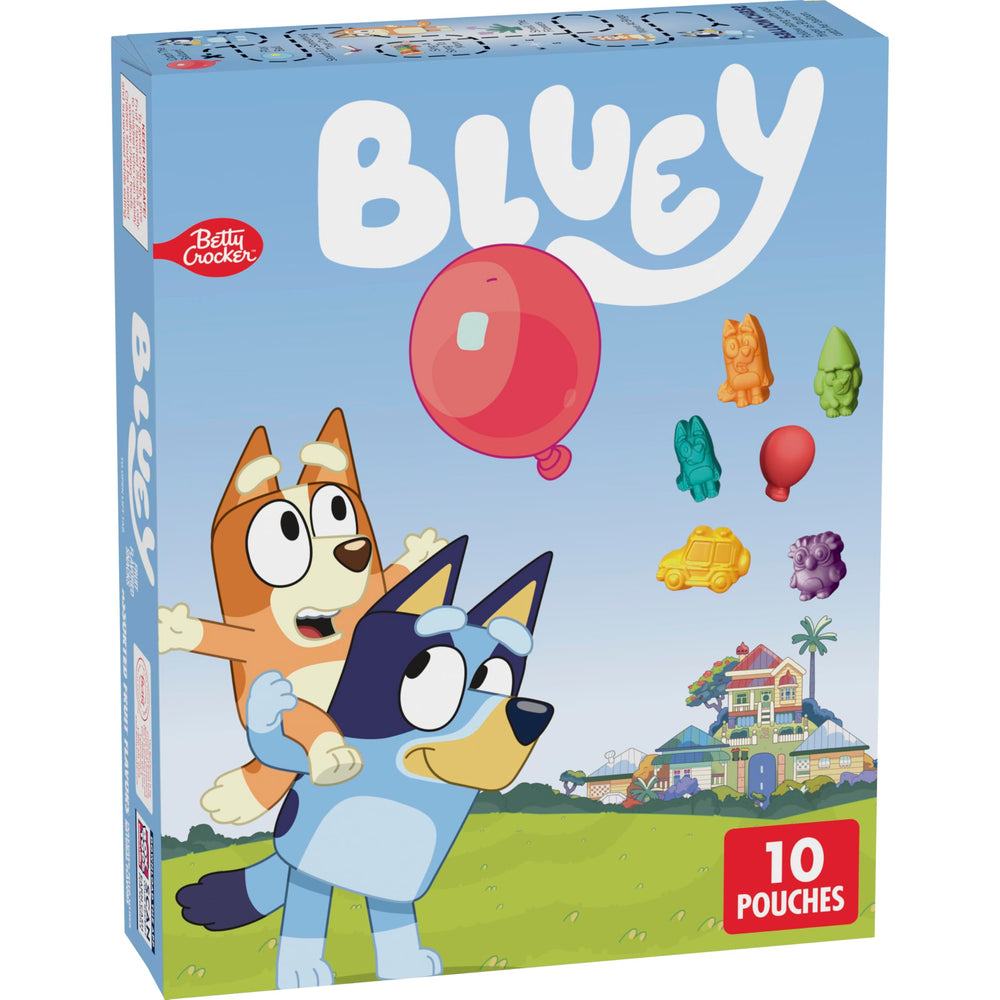 Betty Crocker Bluey Fruit Snacks packaging shown for convenient on-the-go snacking.