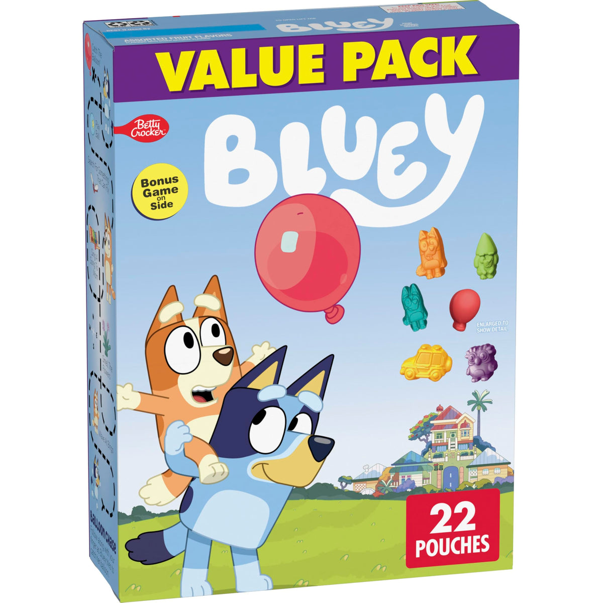 Betty Crocker Bluey Fruit Flavored Snacks packaging shows a value pack for families.
