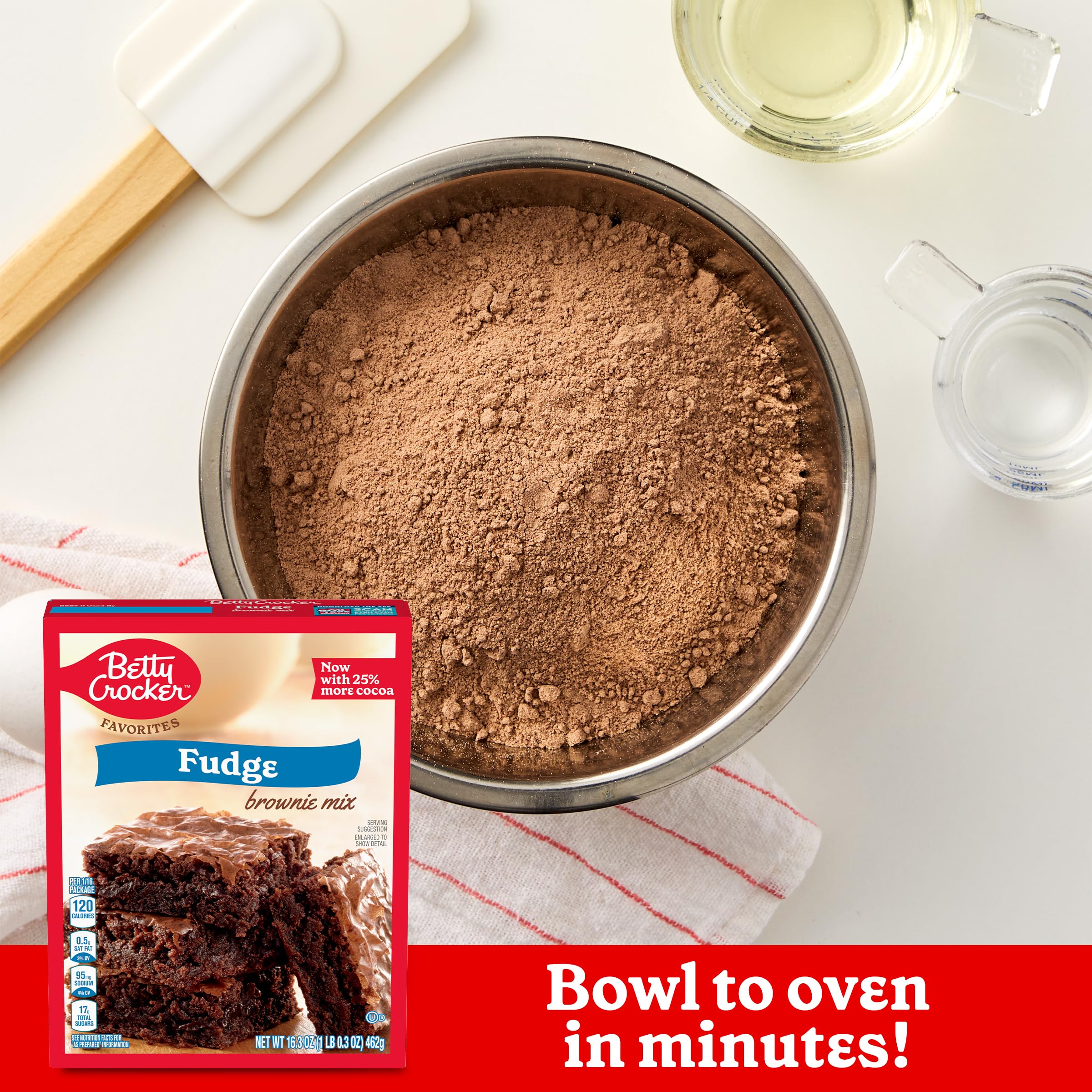 Betty Crocker fudge brownie mix with water oil and eggs ready to whisk