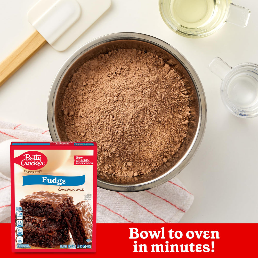 Betty Crocker fudge brownie mix with water oil and eggs ready to whisk
